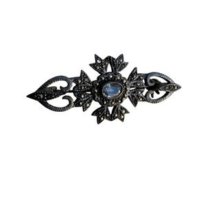 Vintage 925 Sterling Silver Marcasite Crystal Ornate Victorian Style Brooch Pin